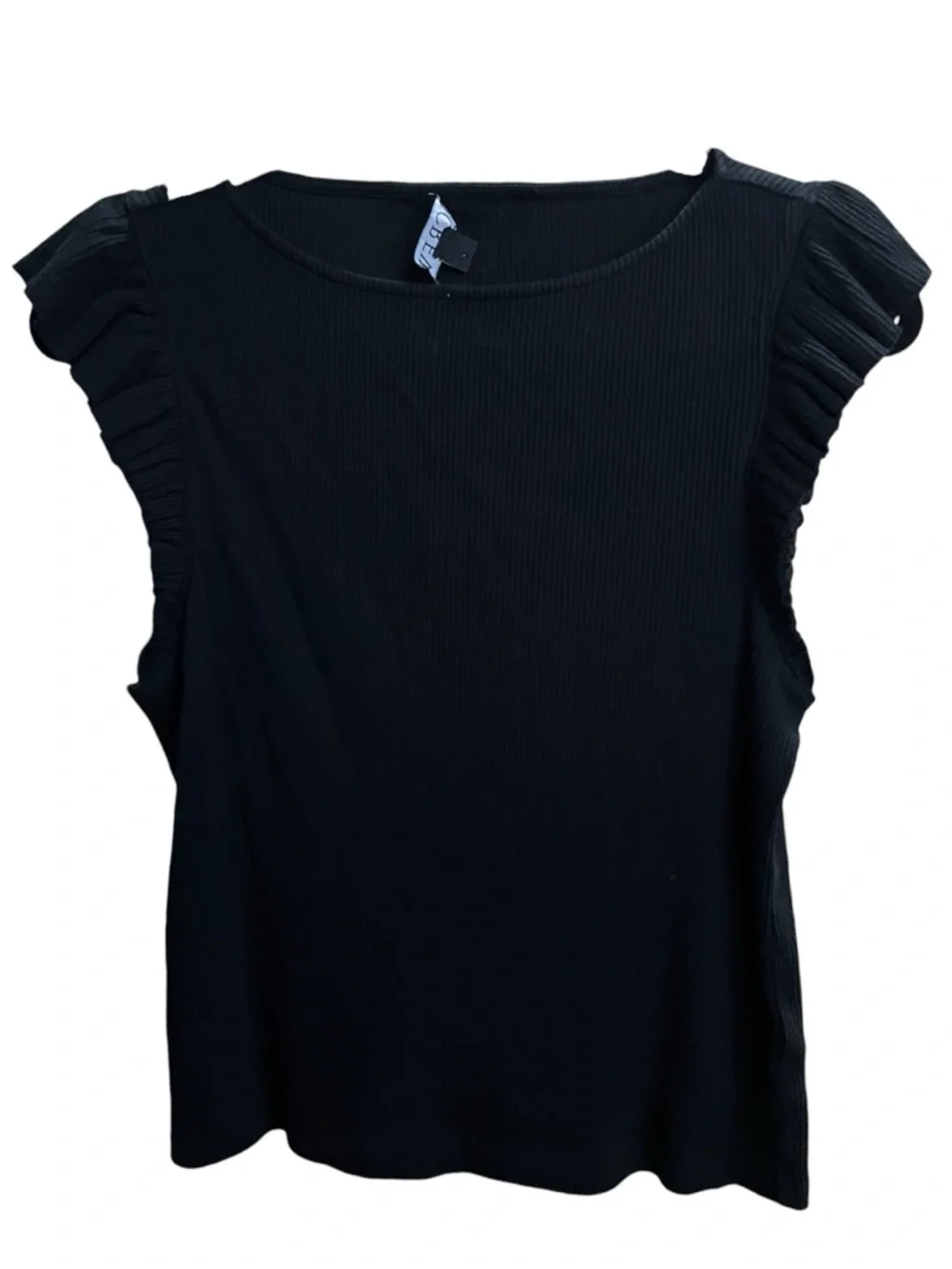 J.Crew Vintage Ribbed Ruffle Short Sleeve Top solid black Large - Picture 2 of 5